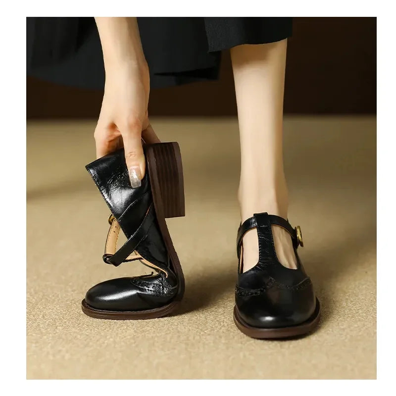 Chaussures Mary Jane Vintage – T-Strap Talon Bloc | Noir, Blanc, Marron | 35-40