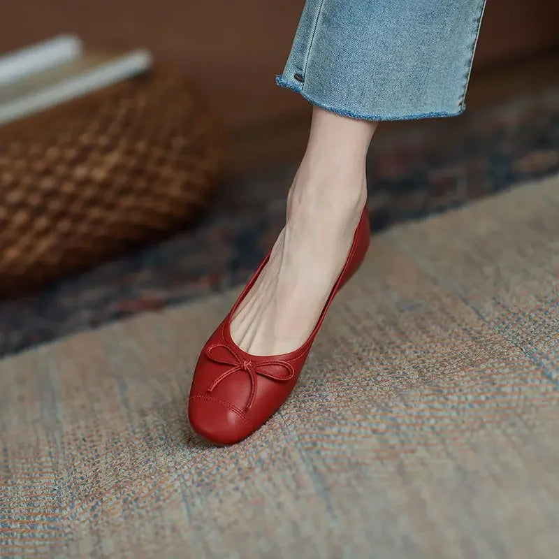 Mocassins Kawaii Cuir & Nœud – Plates & Mignonnes | Rouge | 35-40