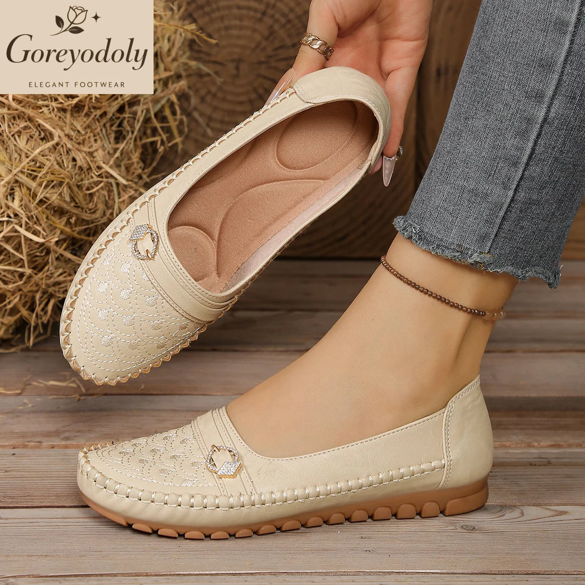 Mocassins Slip-On Femme – Brodés & Strass | Confortables & Large | 36-41