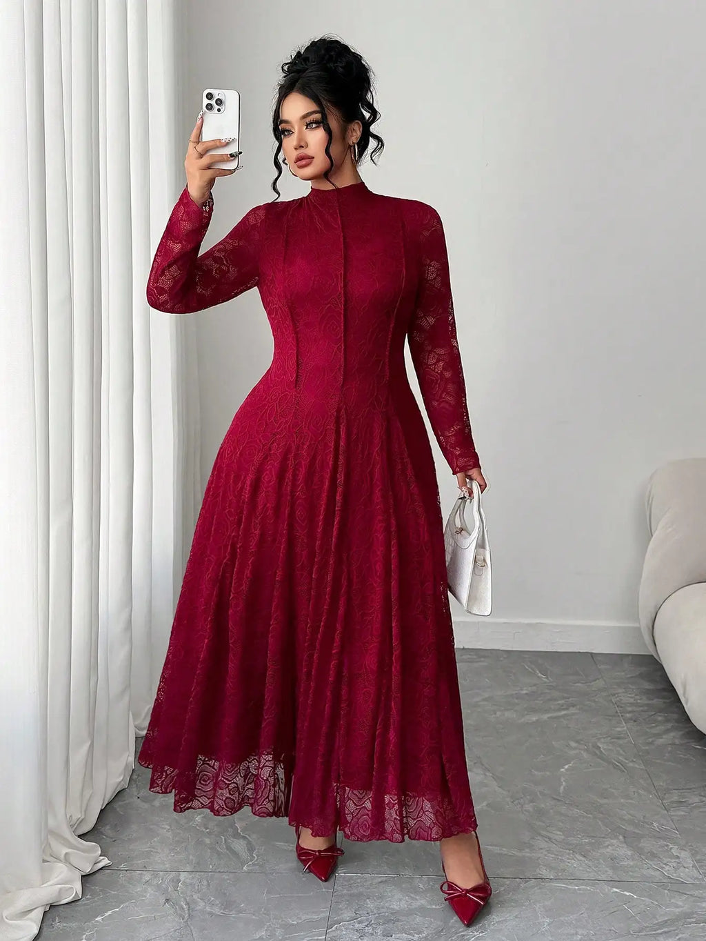Robe Maxi Dentelle Manches Longues – Col Haut, Jacquard Floral pour Mariage & Gala
