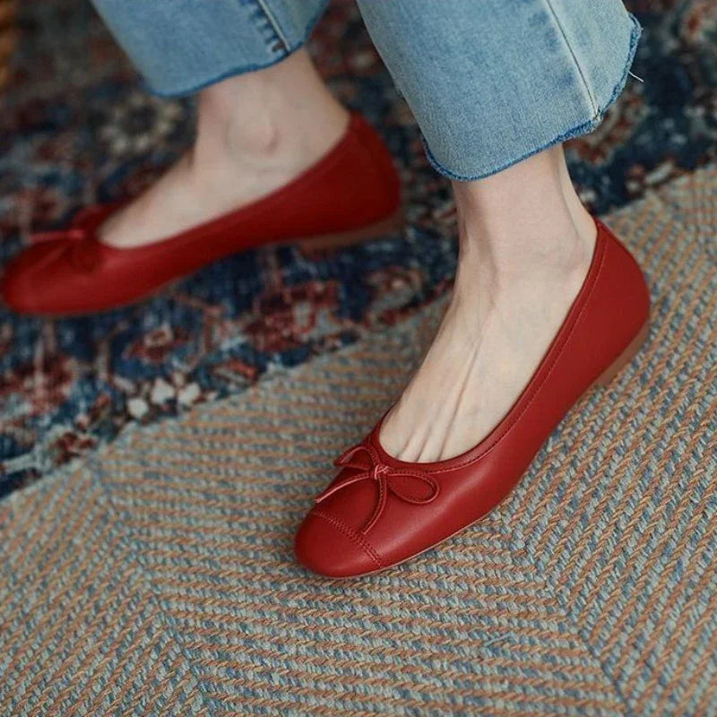 Mocassins Kawaii Cuir & Nœud – Plates & Mignonnes | Rouge | 35-40