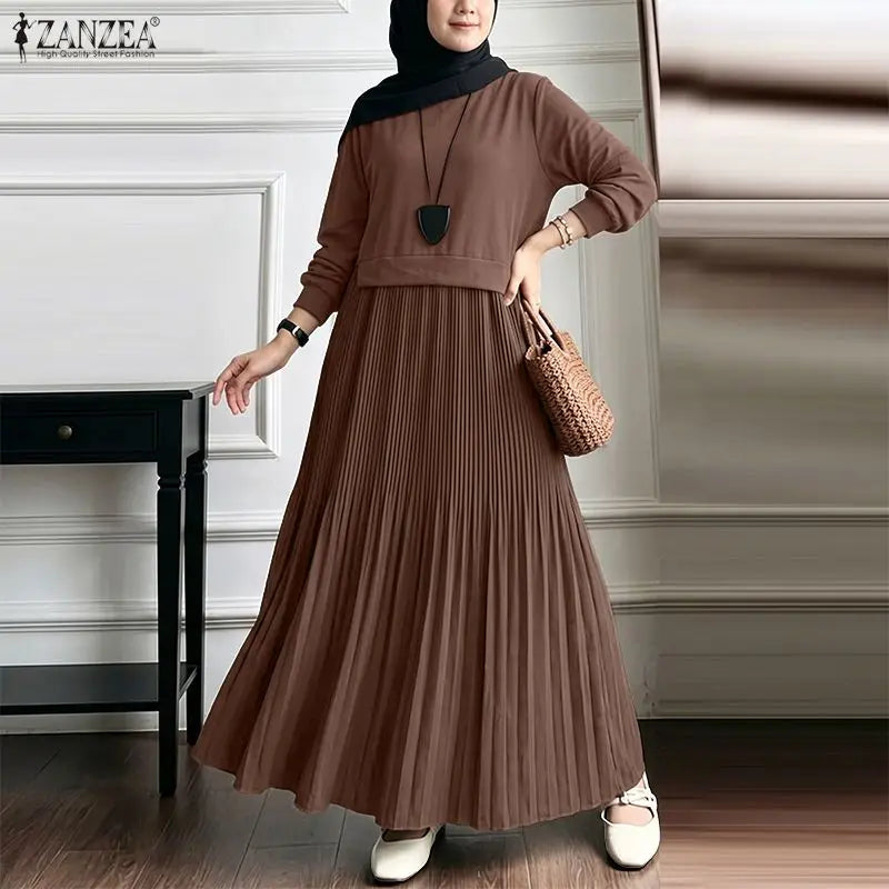 Robe Maxi Abaya Plissée Manches Longues – Style Modest Kaftan | Bordeaux, Vert, Marron | S-XXXL