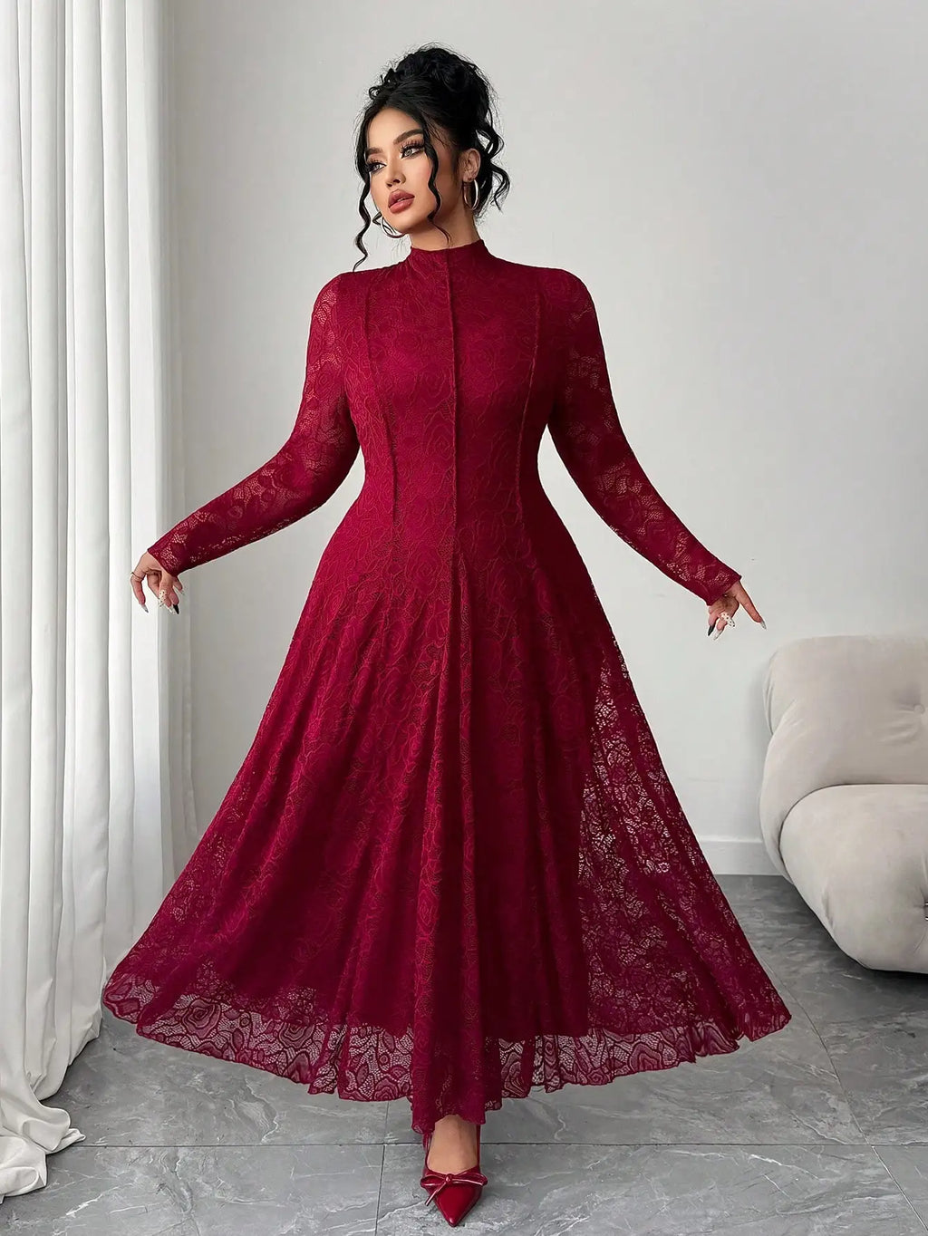 Robe Maxi Dentelle Manches Longues – Col Haut, Jacquard Floral pour Mariage & Gala