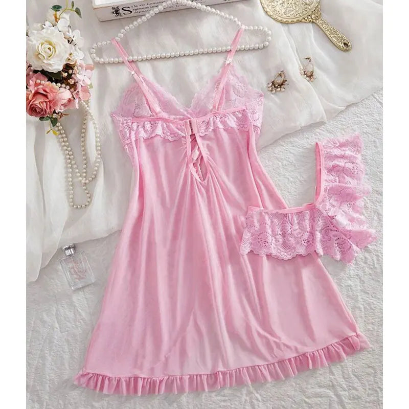 Ensemble Nuisette & Culotte Rose – Halter Sans Manches | Col V