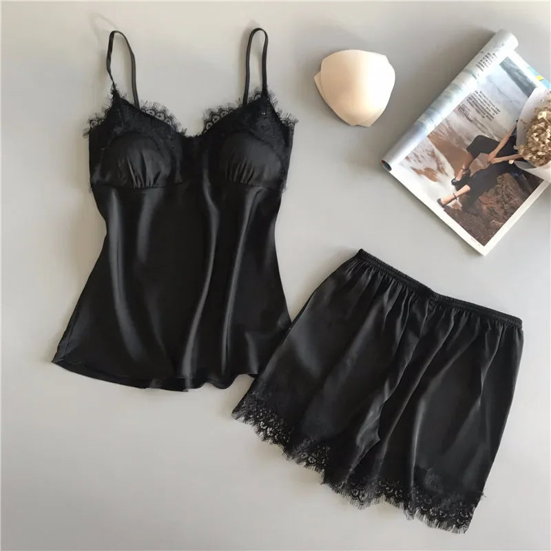 Ensemble Pyjama Satin & Dentelle 2 Pièces – Débardeur + Short | 4 Coloris | S-L