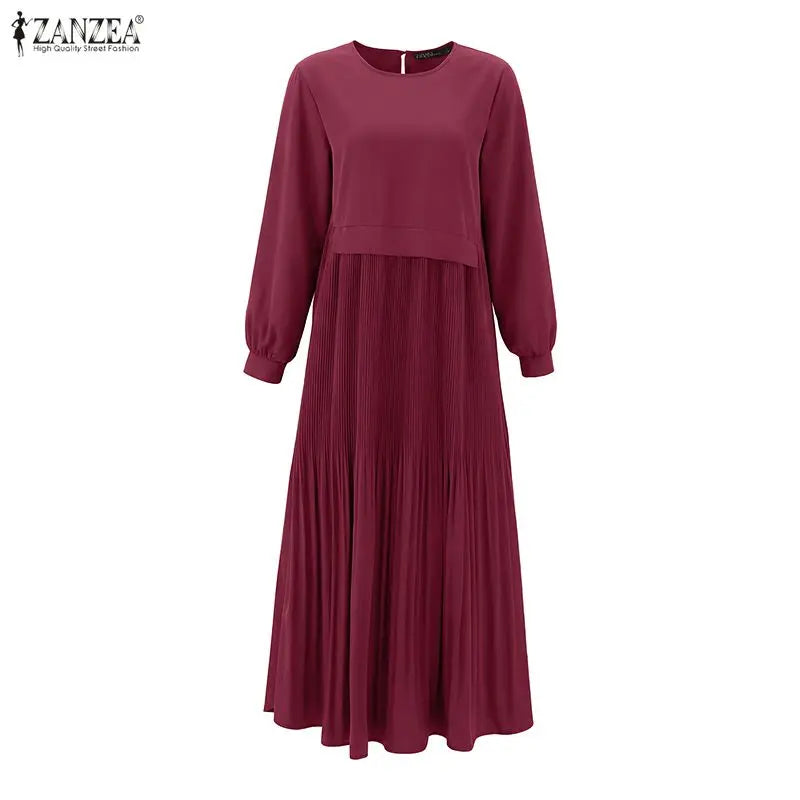 Robe Maxi Abaya Plissée Manches Longues – Style Modest Kaftan | Bordeaux, Vert, Marron | S-XXXL