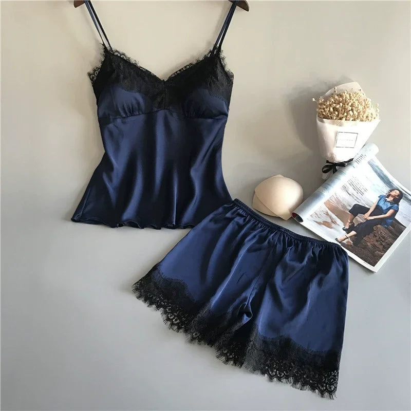 Ensemble Pyjama Satin & Dentelle 2 Pièces – Débardeur + Short | 4 Coloris | S-L