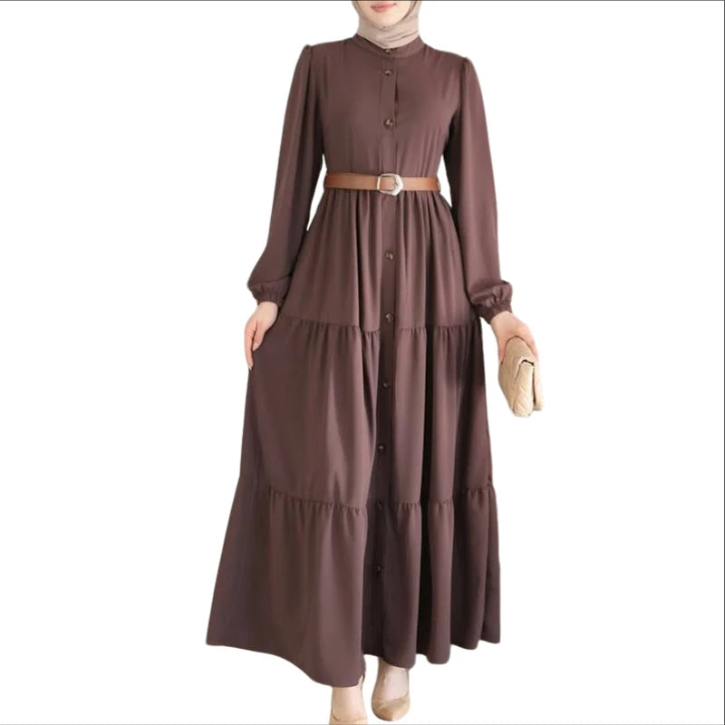 Robe Longue Abaya Manches Longues Col Rond – Style Élégant | Marron, Bleu Marine, Noir | S-XXXL