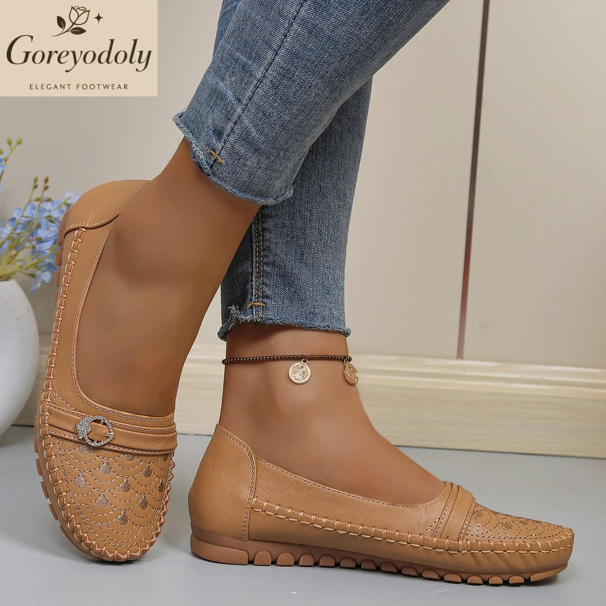 Mocassins Slip-On Femme – Brodés & Strass | Confortables & Large | 36-41